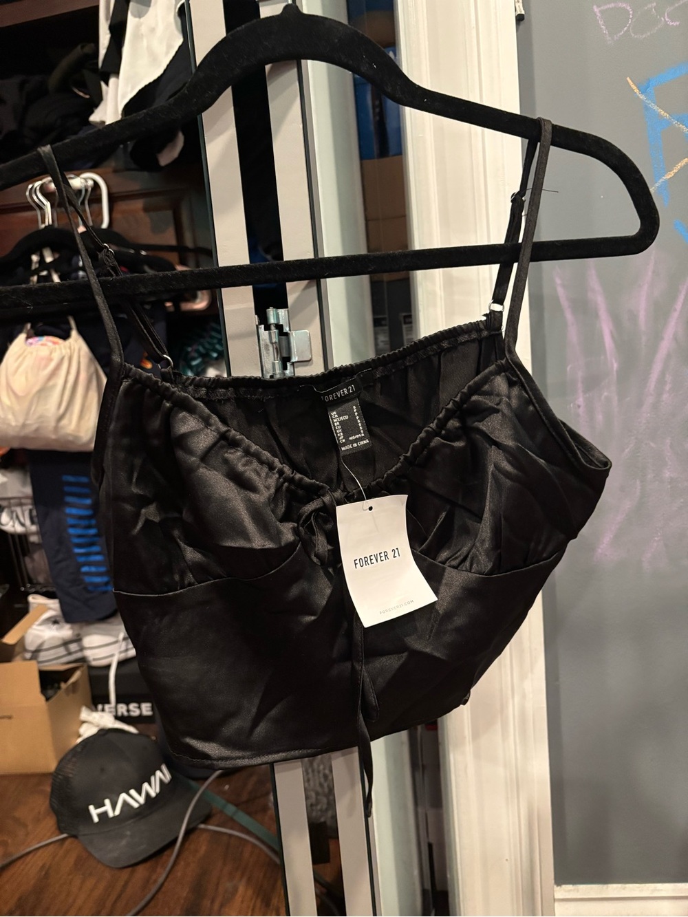 Forever 21 Black Satin Cropped Cami Top with Tie Front